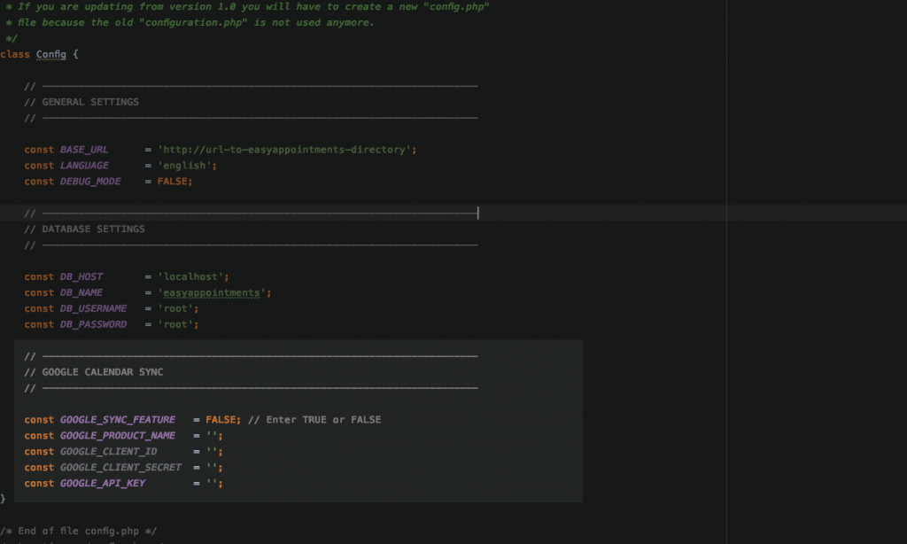 Easy!Appointments Config File